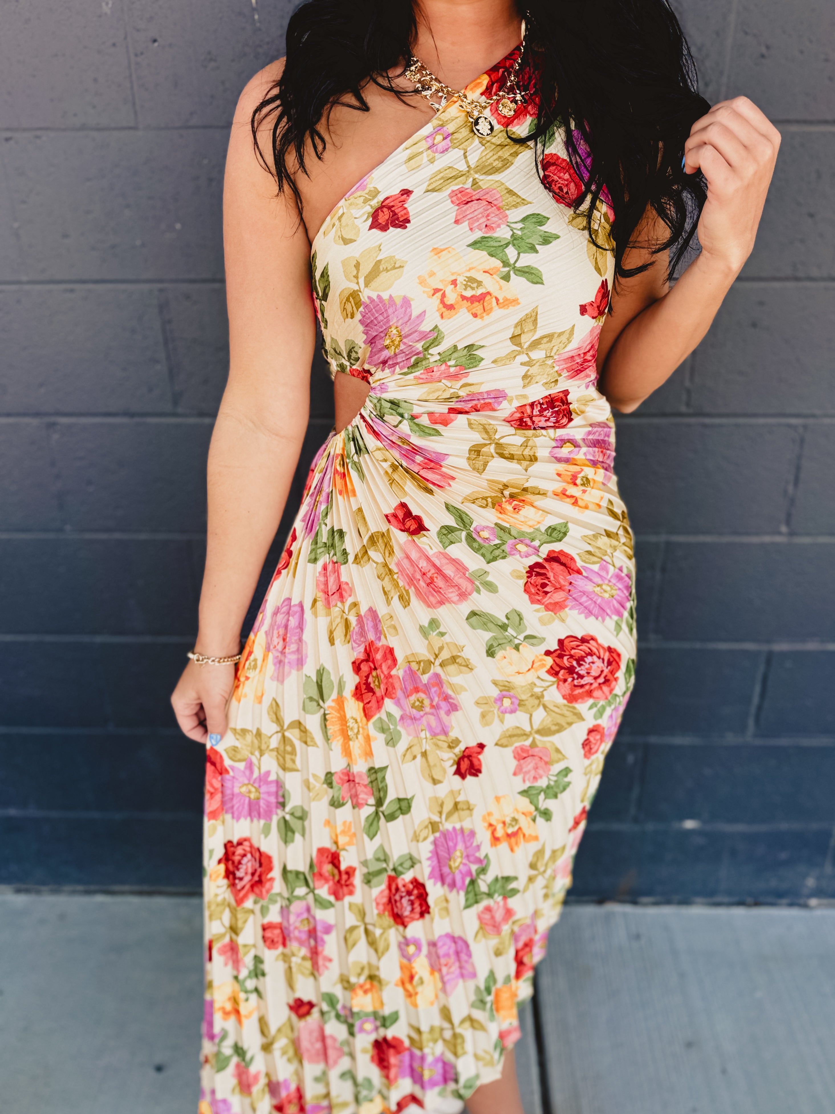 One Shoulder Asymmetrical Pleated Maxi Dress - Garden Multi - Lace and Grace Boutique