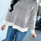 Ribbed Two-Tone Crewneck Sweater - Black - Lace and Grace Boutique