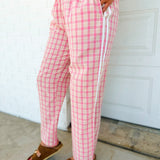 Plaid Side Stripe Detail Drawstring Pants - Pink/Taupe