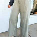 Pigment Wash French Terry Wide Leg Pants - Ash Mocha - Lace and Grace Boutique