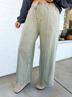 Pigment Wash French Terry Wide Leg Pants - Ash Mocha - Lace and Grace Boutique