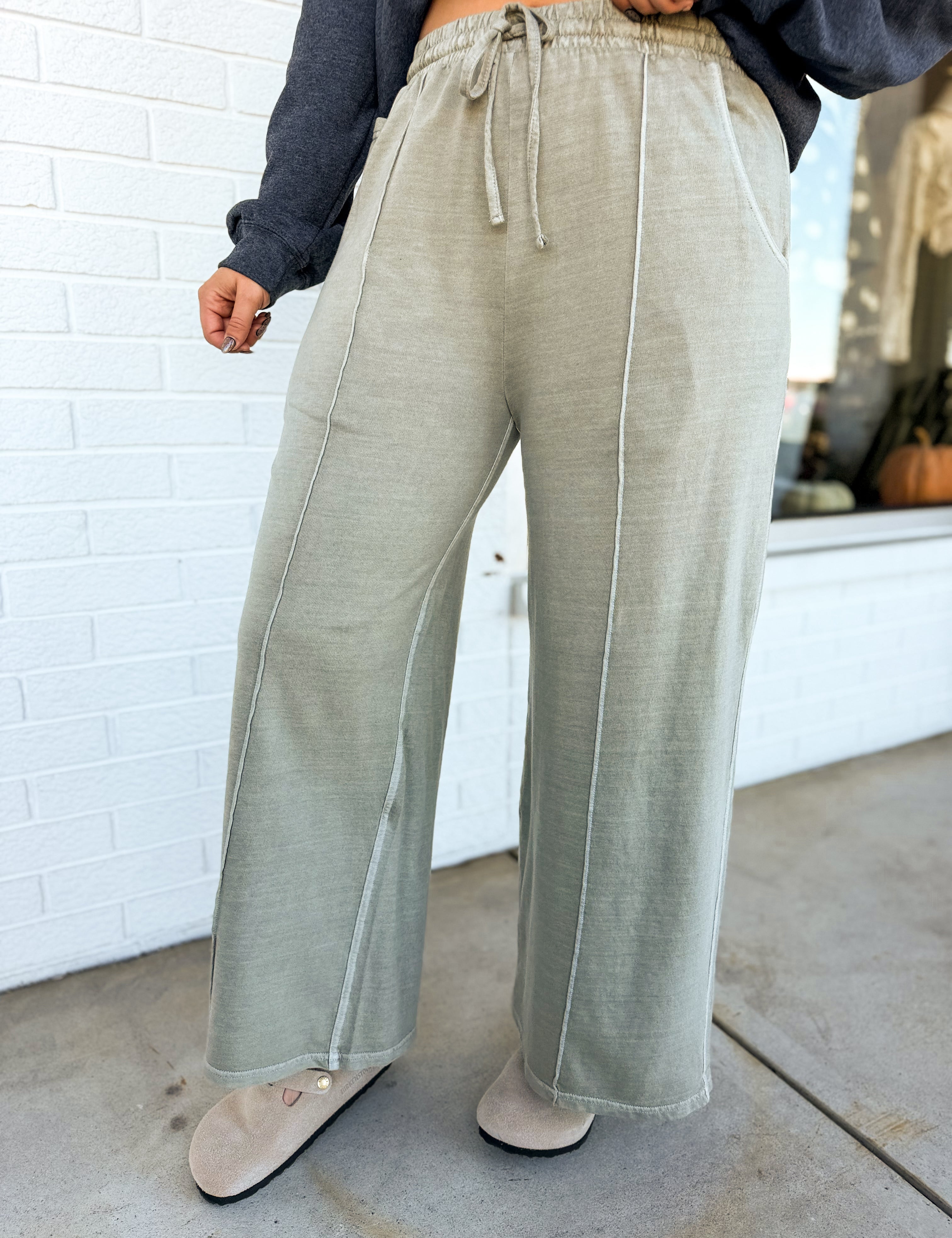 Pigment Wash French Terry Wide Leg Pants - Ash Mocha - Lace and Grace Boutique