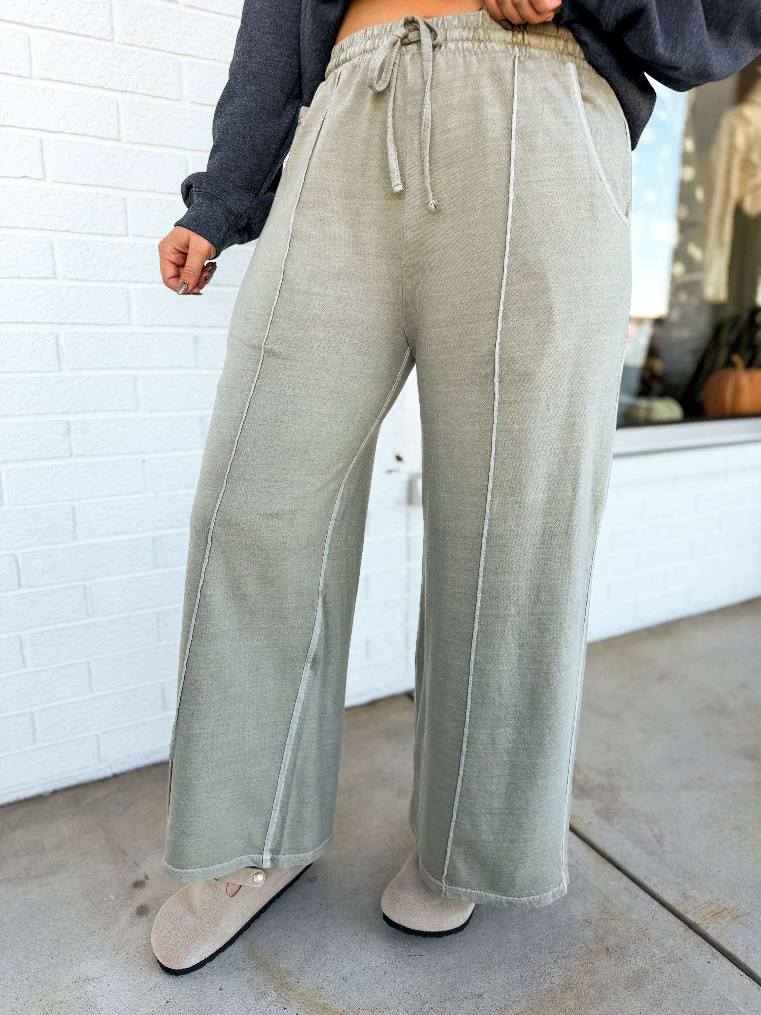 Pigment Wash French Terry Wide Leg Pants - Ash Mocha - Lace and Grace Boutique