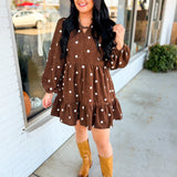 Pom-Pom Dot Corduroy Tiered Mini Dress - Chocolate
