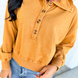 Mineral Washed Button Detail Terry Pullover - Camel