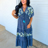 POL Floral Embroidered Chambray Maxi Dress — Denim Blue