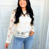 Floral Crochet Open Knit Top - Natural