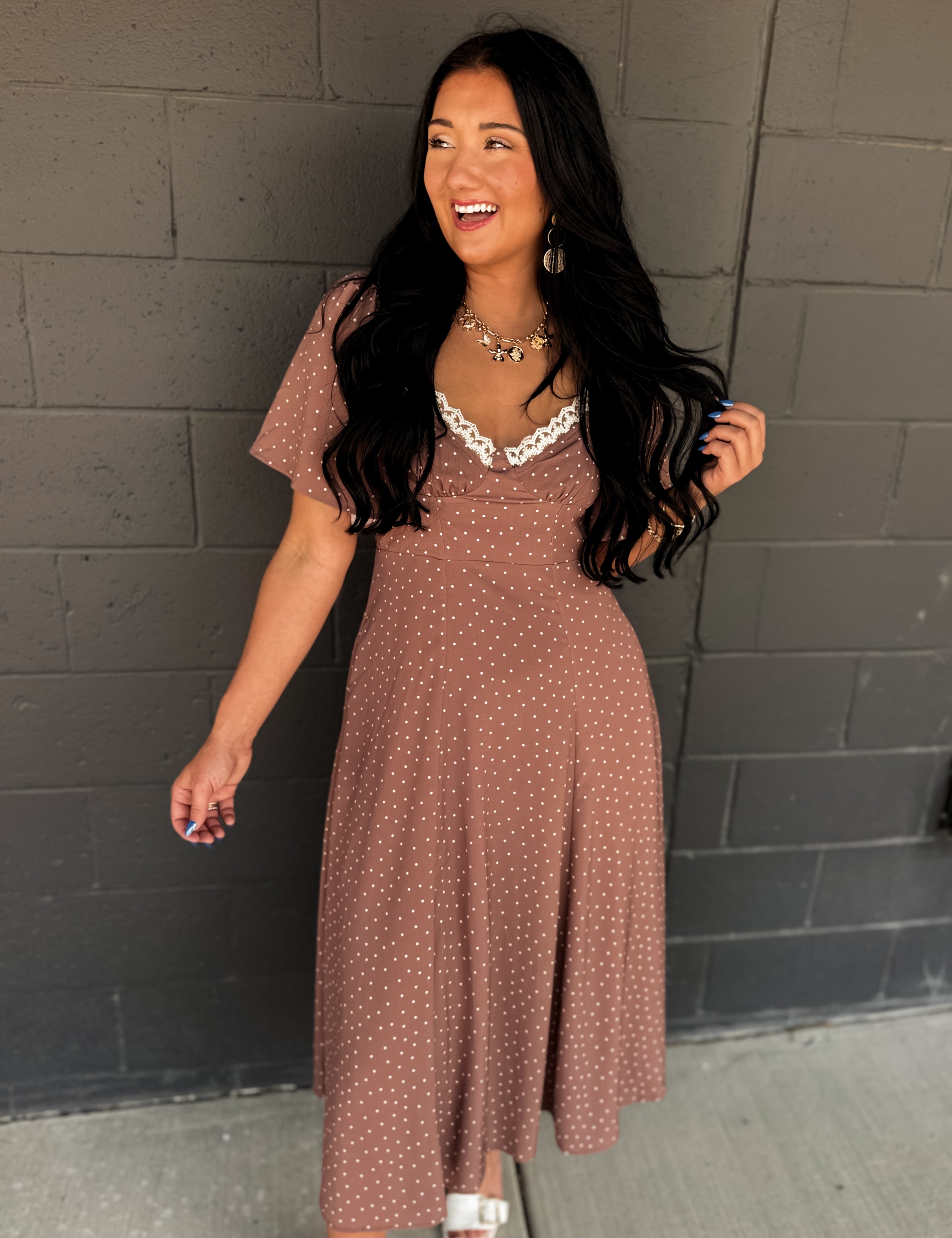 Flutter Sleeve Polka Dot Midi Dress - Latte