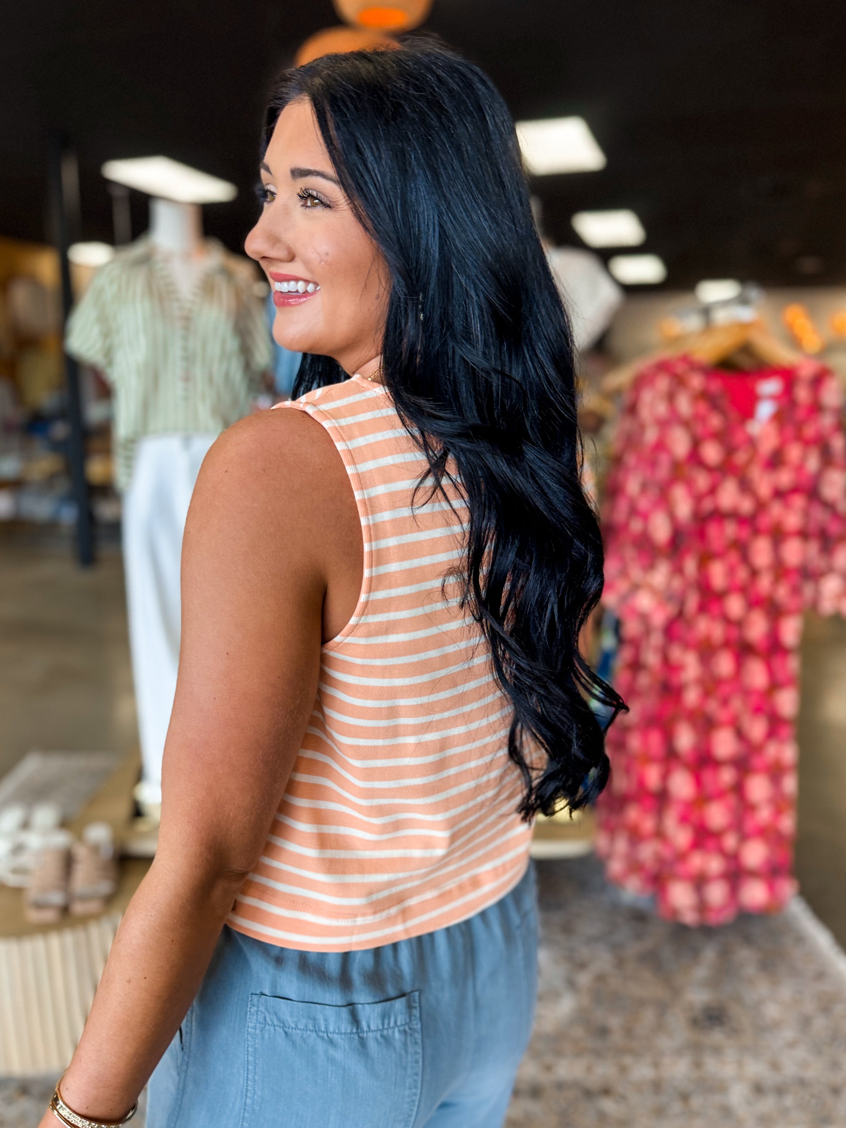 Striped Cotton Knit Tank Top - Coral - Lace and Grace Boutique