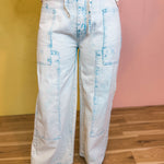 Color Wash Patchwork Wide Leg Pants - Blue - Lace and Grace Boutique