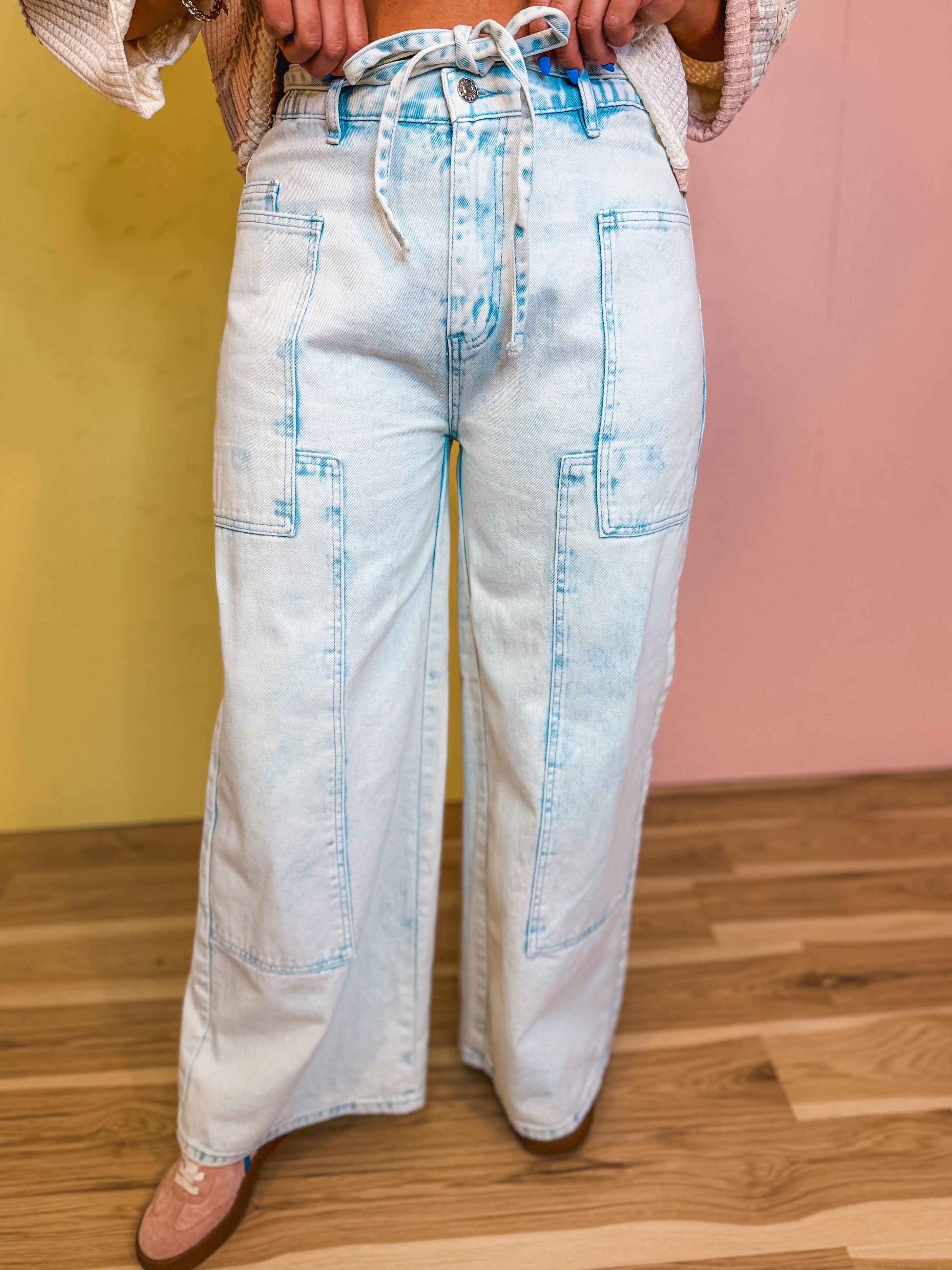 Color Wash Patchwork Wide Leg Pants - Blue - Lace and Grace Boutique