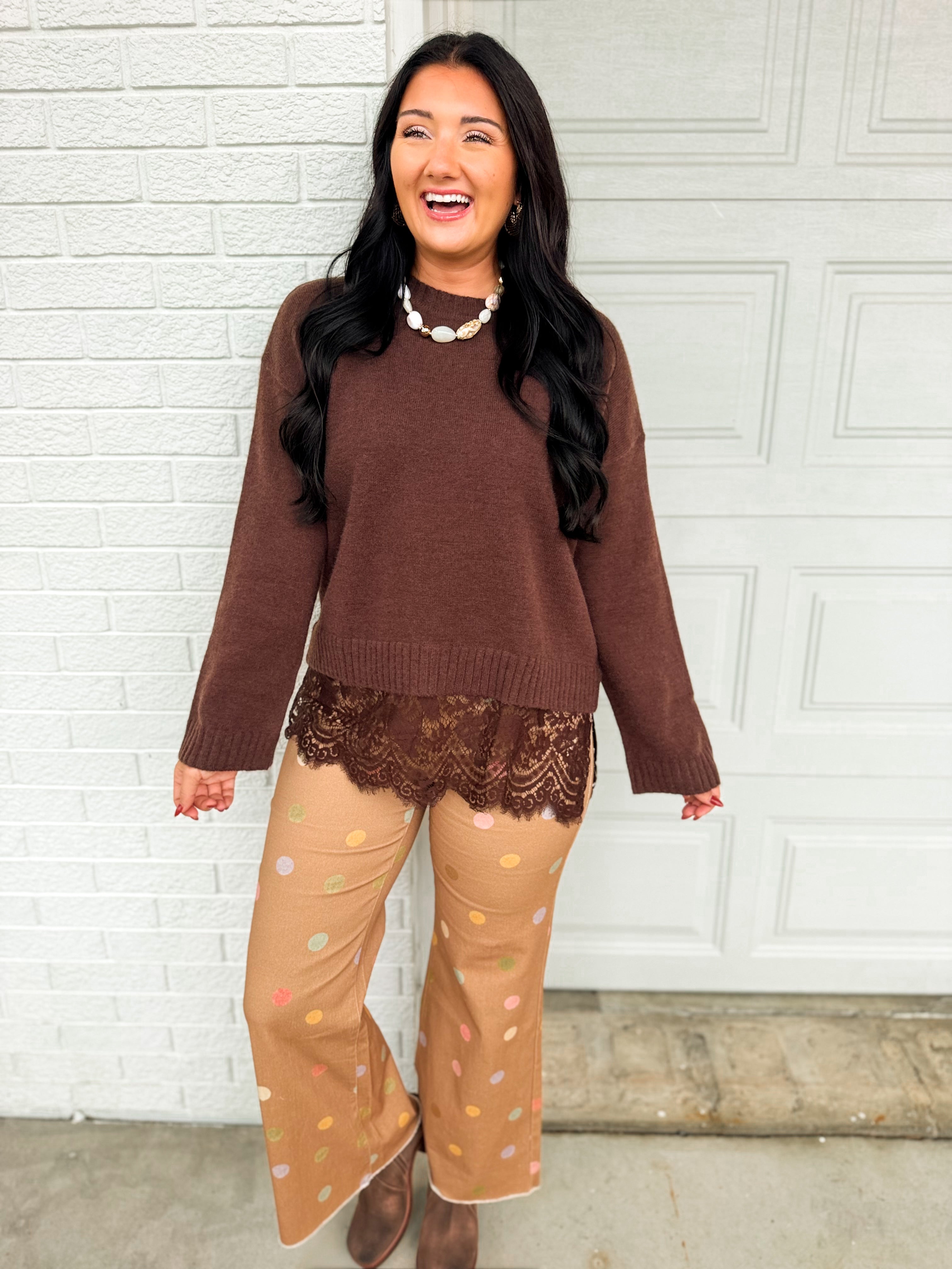 Pastel Polka Dot Cropped Wide Leg Jean - Mocha Multi - Lace and Grace Boutique