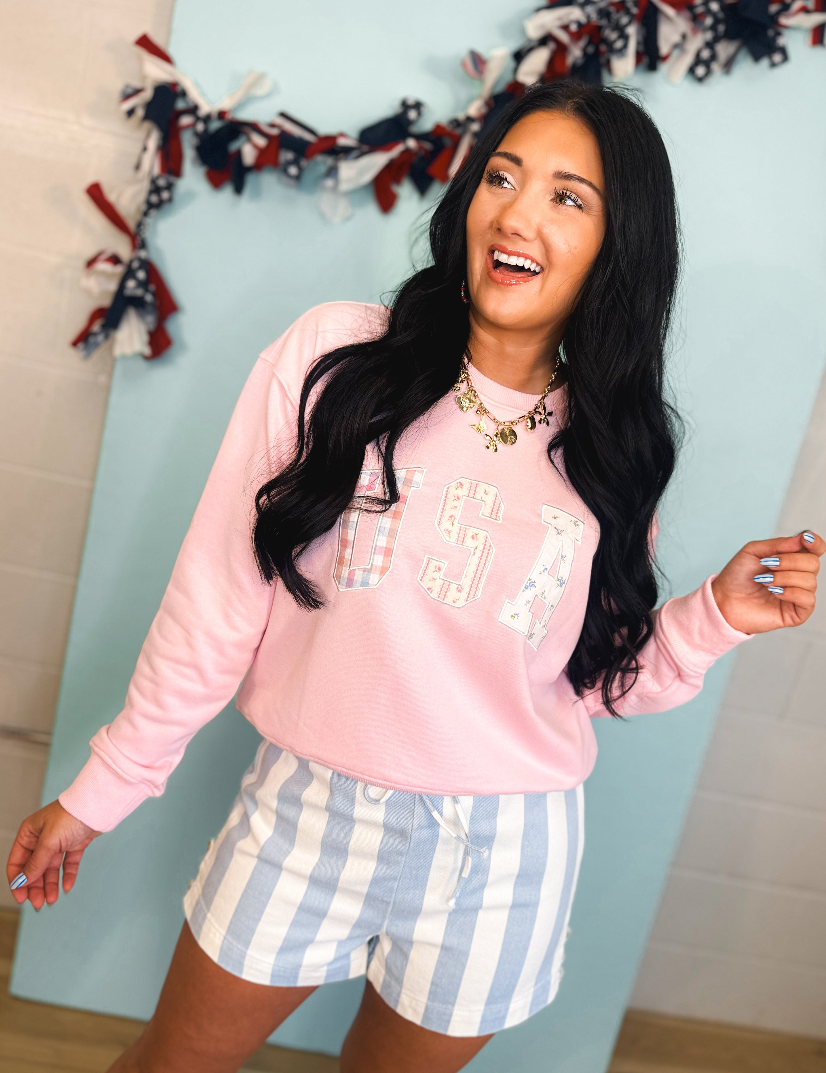 USA Patchwork Pullover - Pink - Lace and Grace Boutique