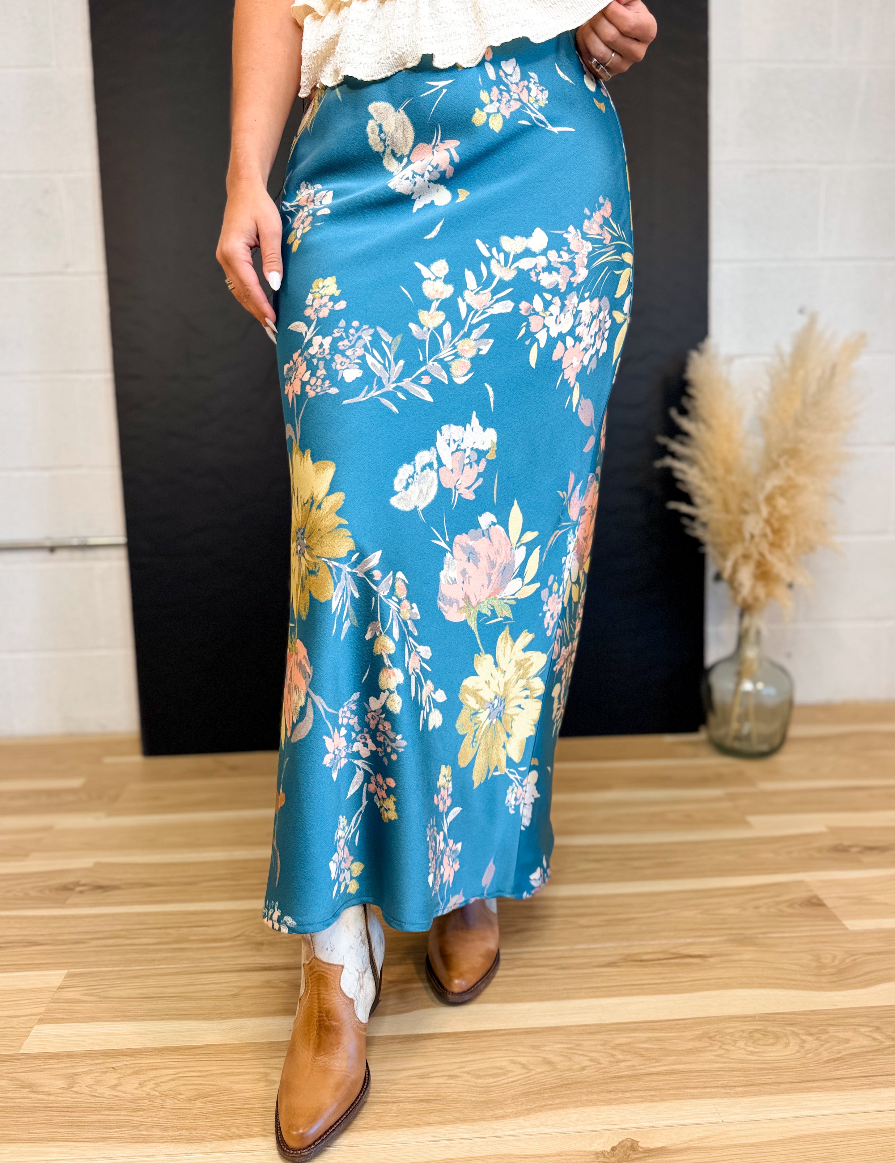 Textured Floral Bias-Cut Maxi Skirt - Tropical Teal - Lace and Grace Boutique