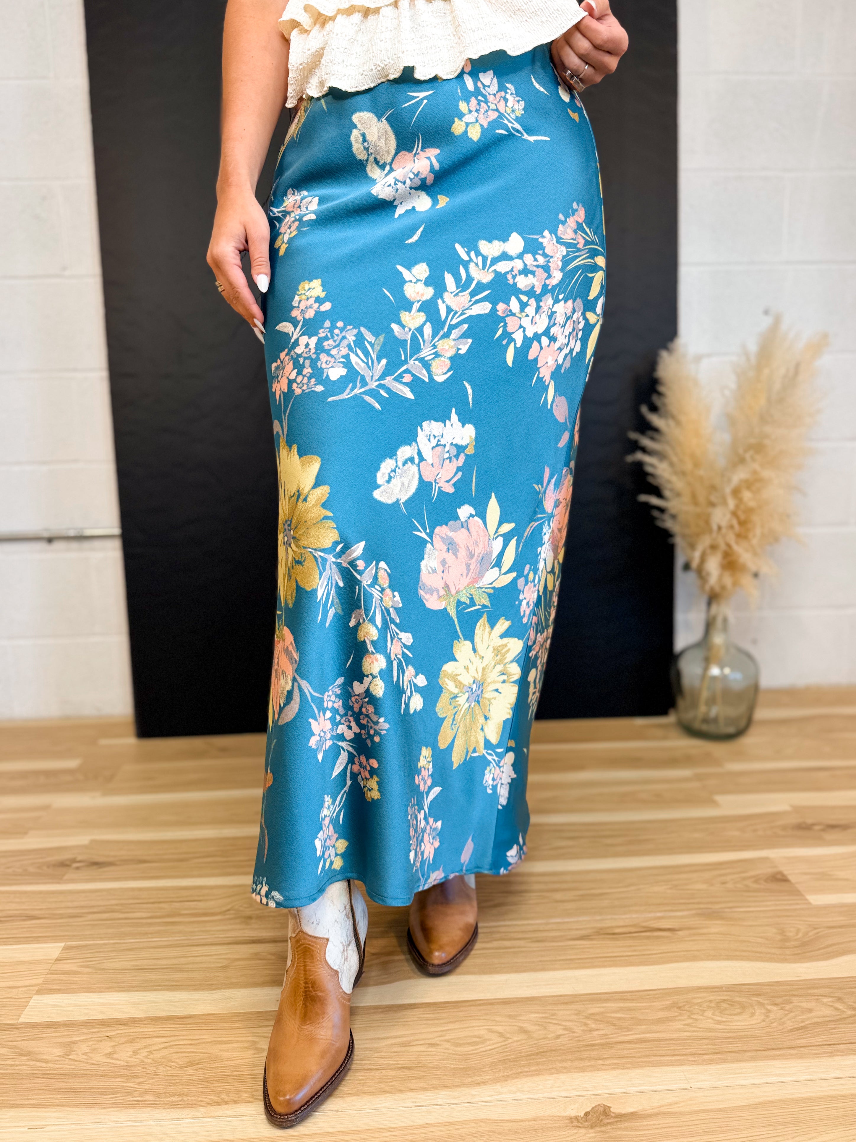 Textured Floral Bias-Cut Maxi Skirt - Tropical Teal - Lace and Grace Boutique