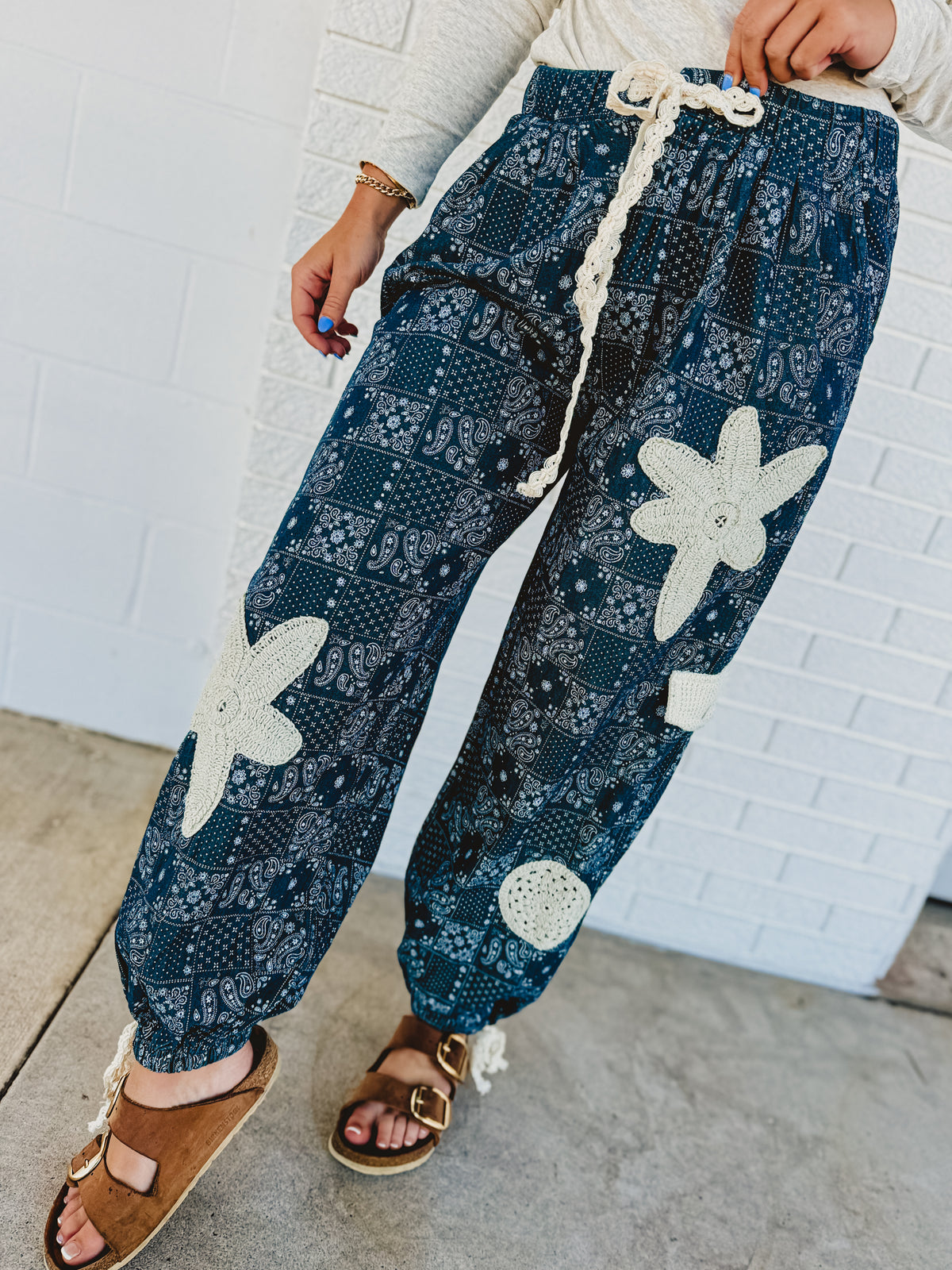 POL Pleat Detail Floral Patchwork Cargo Pants - Indigo Paisley