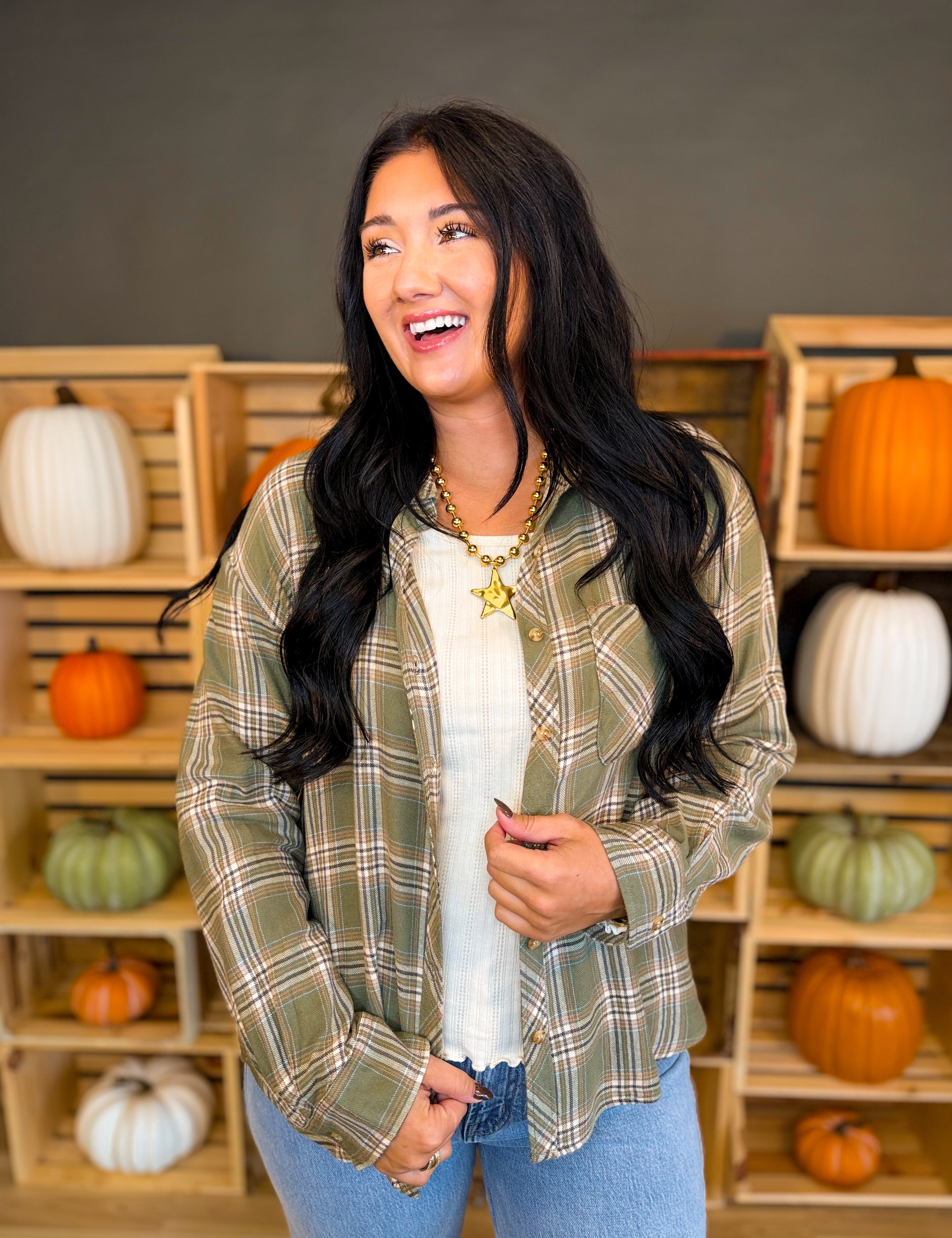 Plaid Button Up Flannel Shirt - Olive - Lace and Grace Boutique