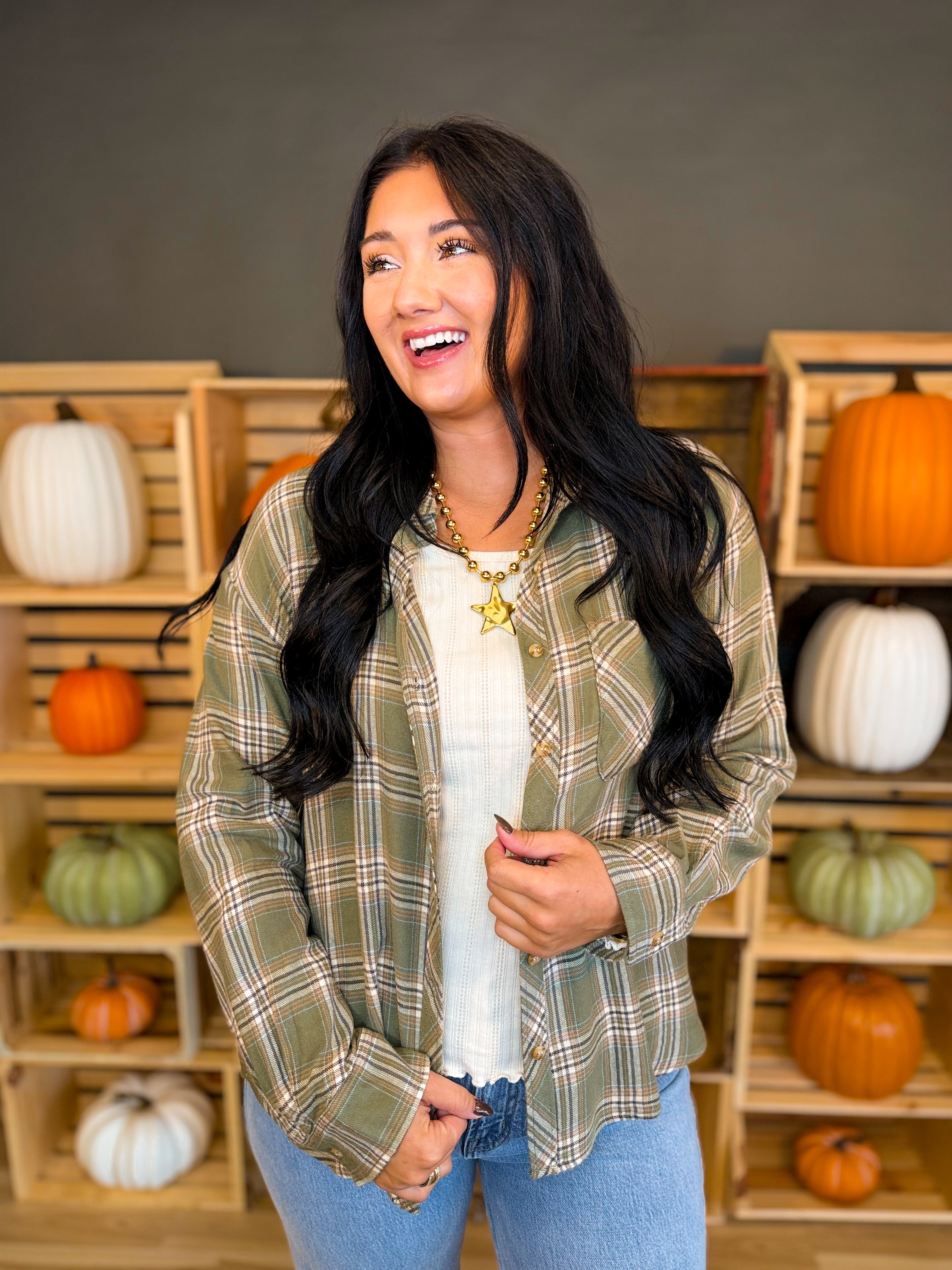 Plaid Button Up Flannel Shirt - Olive - Lace and Grace Boutique