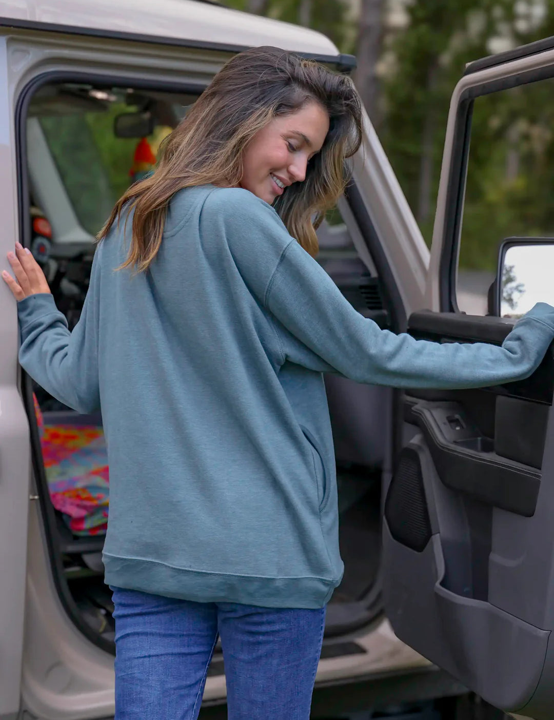 Natural Life Comfy Pocket Sweatshirt - Let's Just Go Indigo - Lace and Grace Boutique