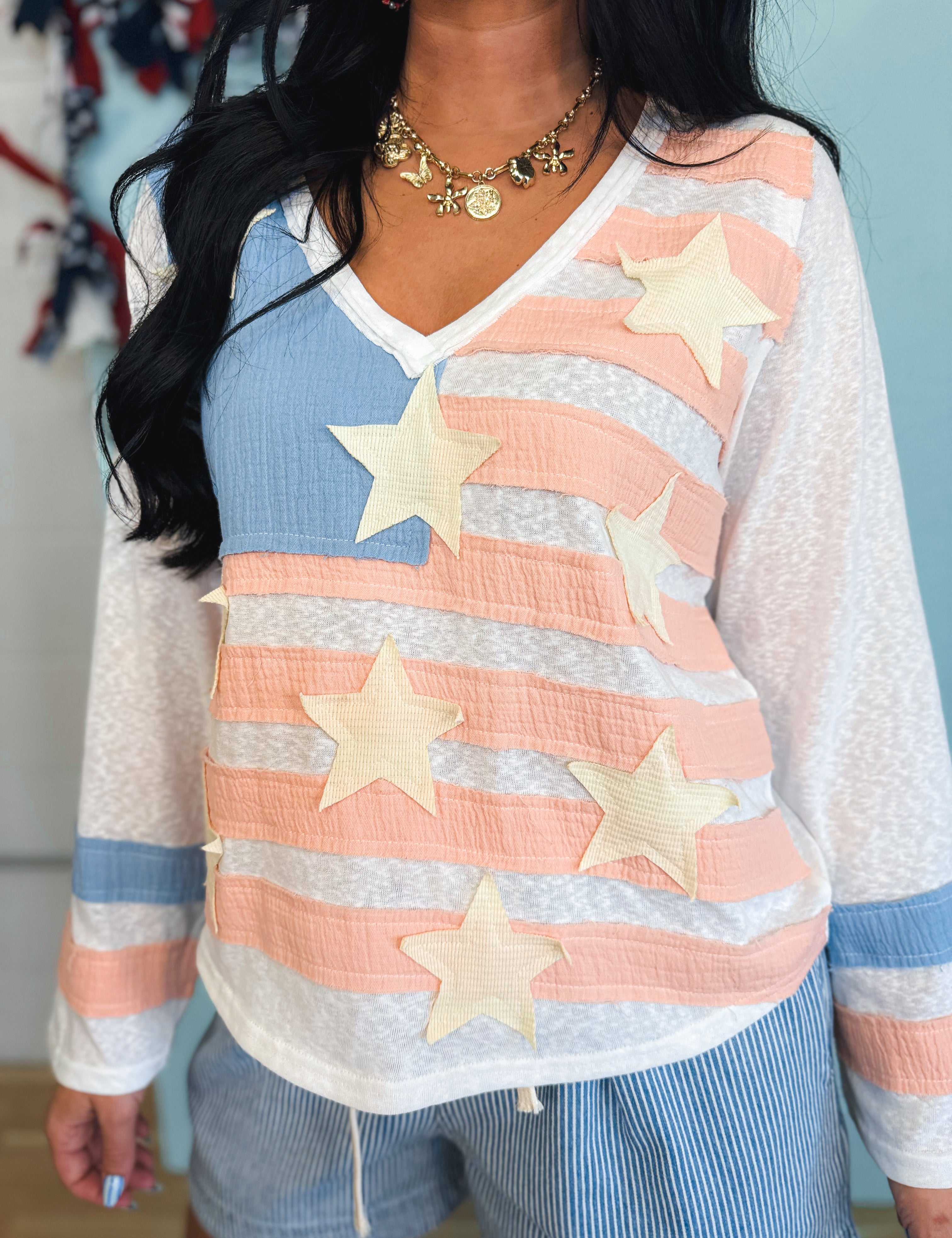 POL Vintage Wash American Flag Patch Top - Off White Multi - Lace and Grace Boutique