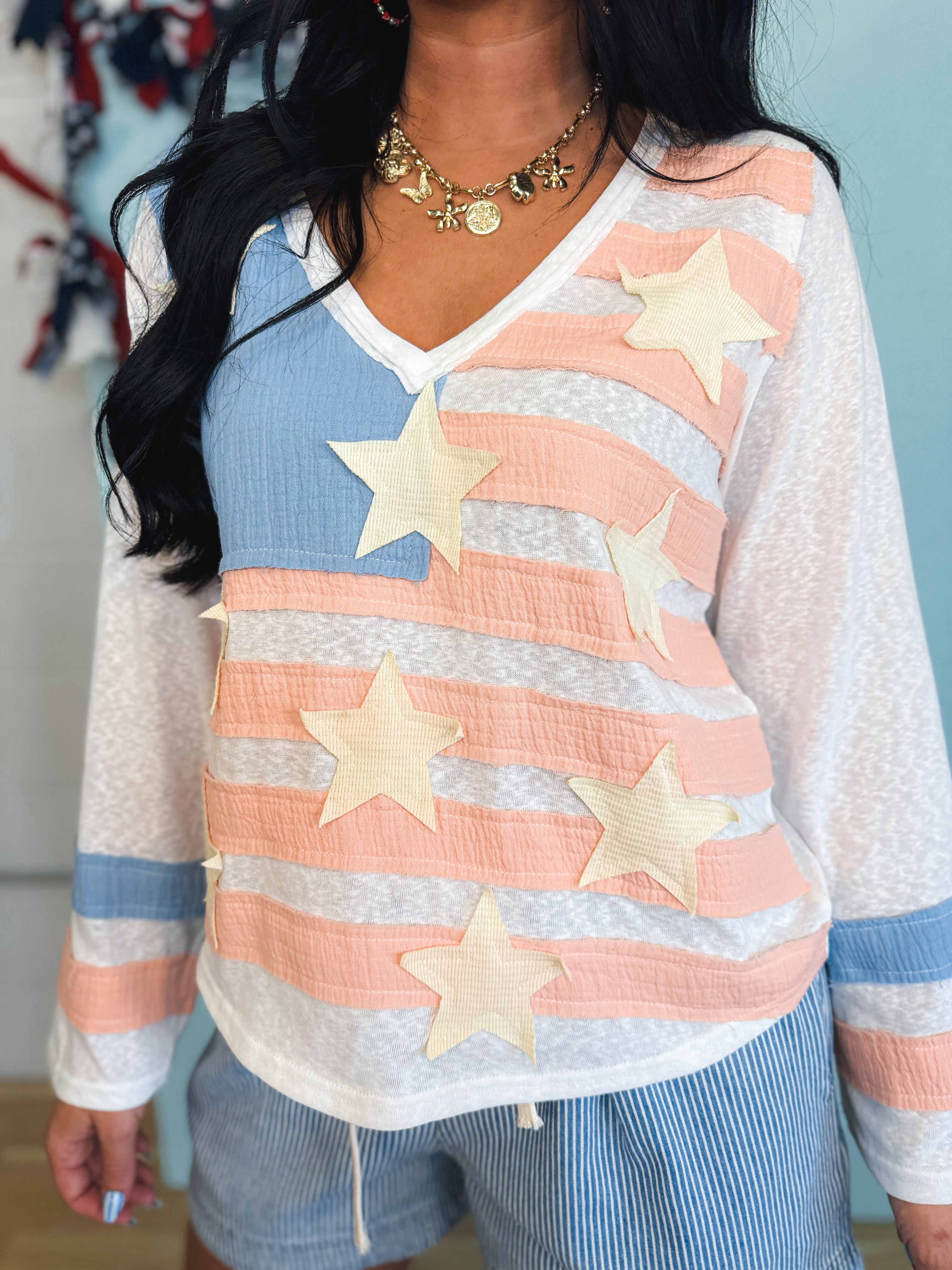 POL Vintage Wash American Flag Patch Top - Off White Multi - Lace and Grace Boutique