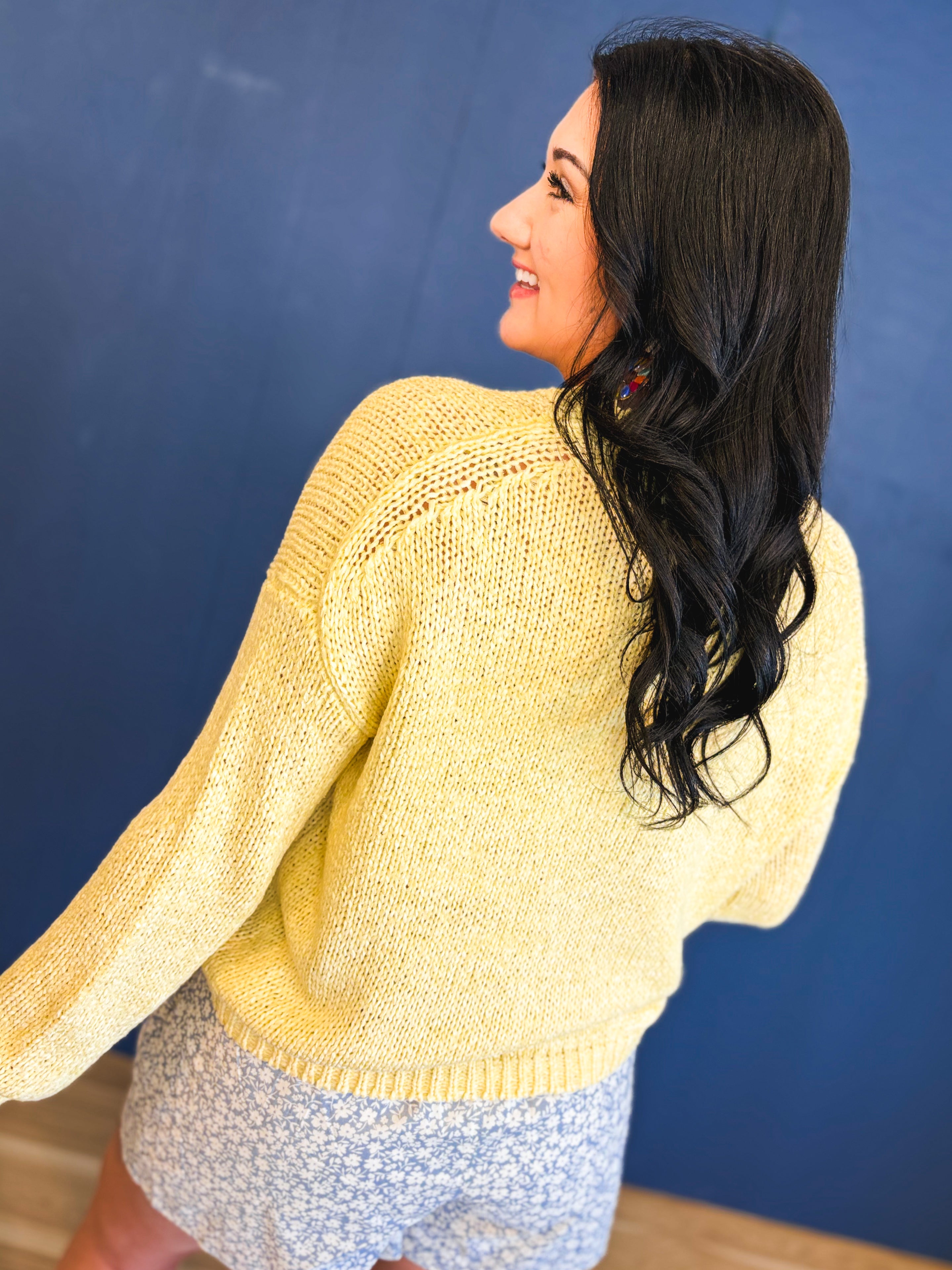 Open-Knit Crewneck Sweater - Lemon - Lace and Grace Boutique