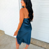 Satin Strapless Lace Hem Midi Dress - Deep Teal