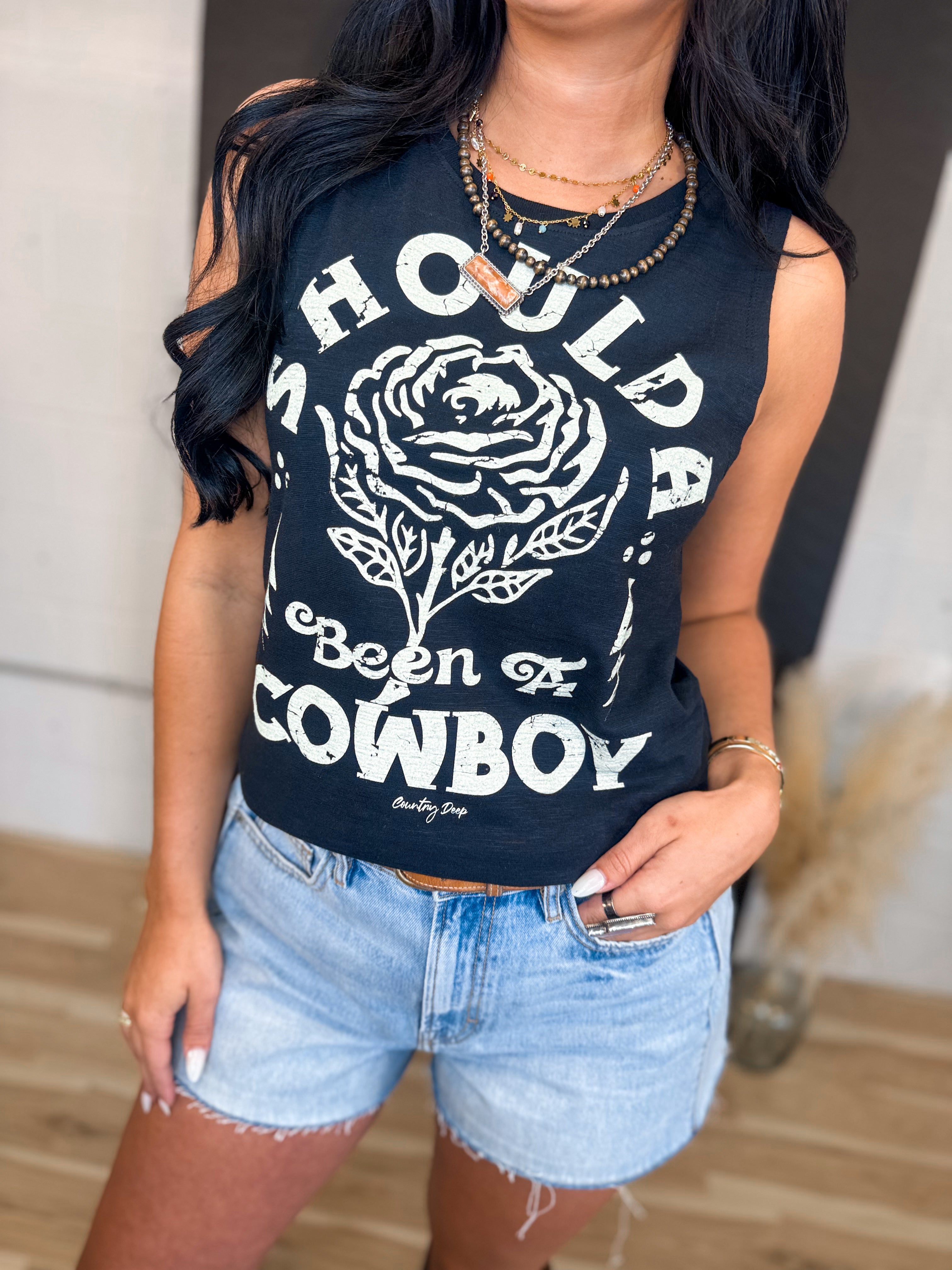 Shoulda Been A Cowboy Muscle Tank Top - Black - Lace and Grace Boutique