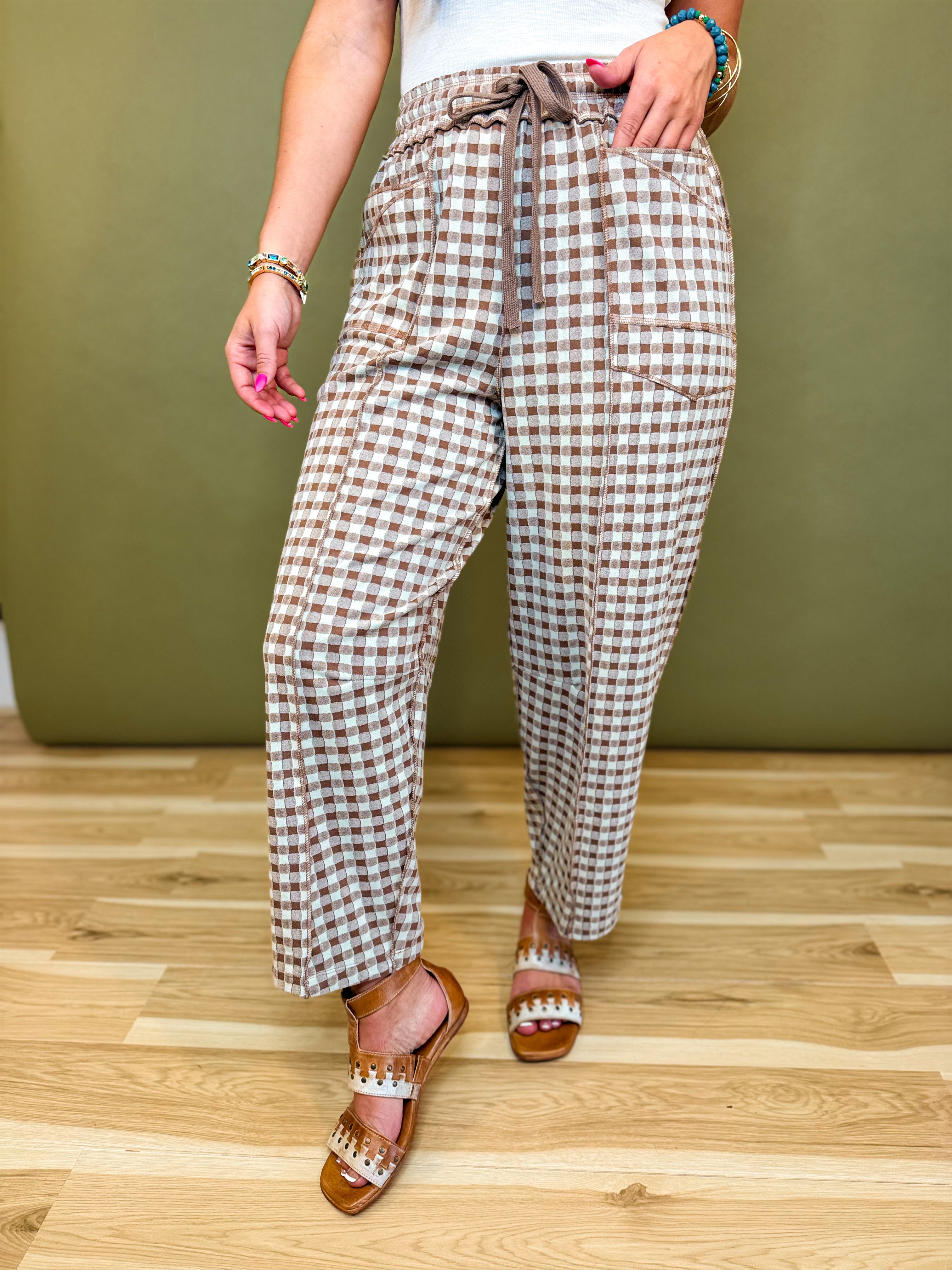 Gingham Print Barrel Fit Utility Pants - Mocha - Lace and Grace Boutique