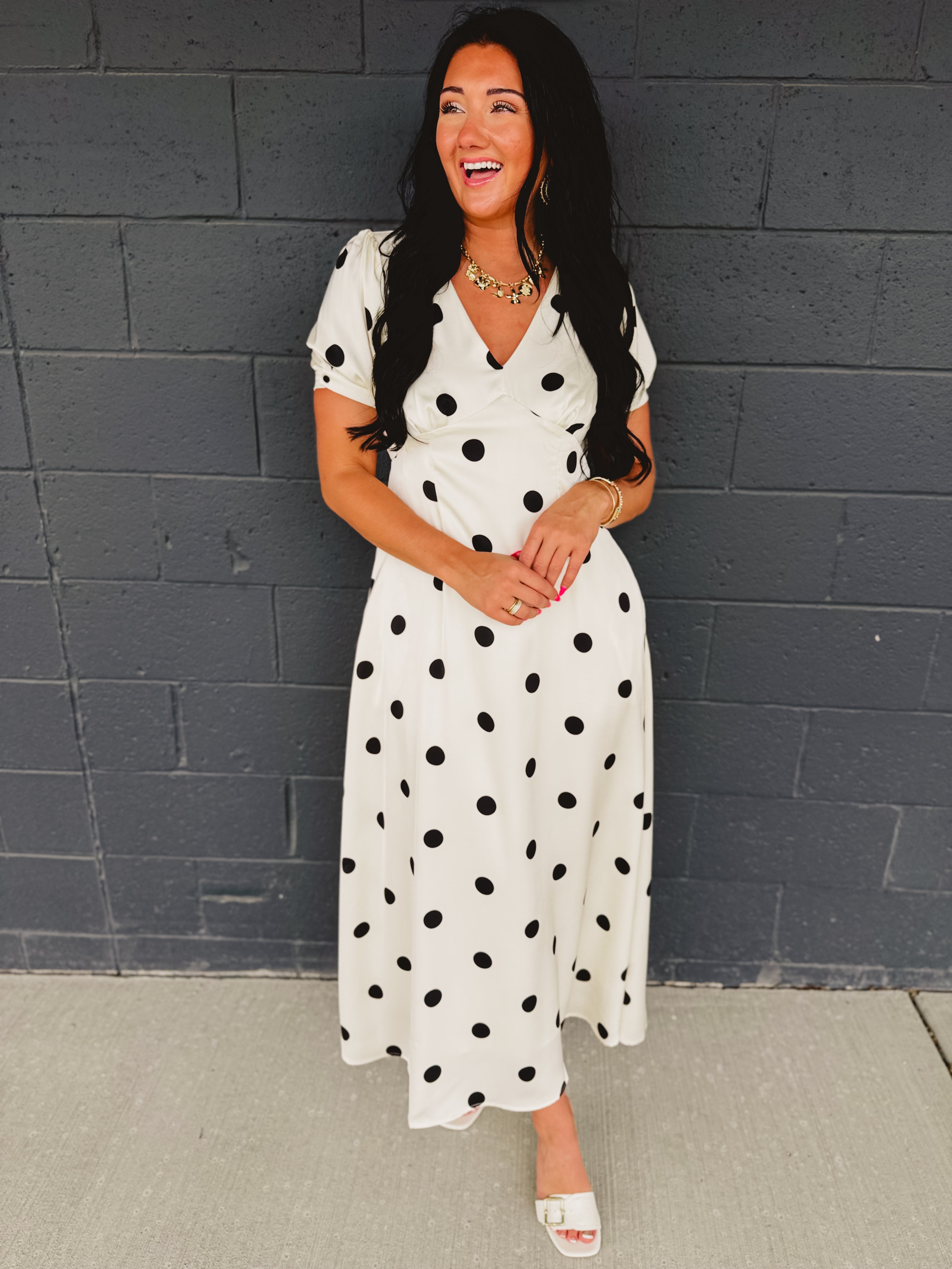 Polka Dot Puff Sleeve Maxi Dress - Cream/Black - Lace and Grace Boutique