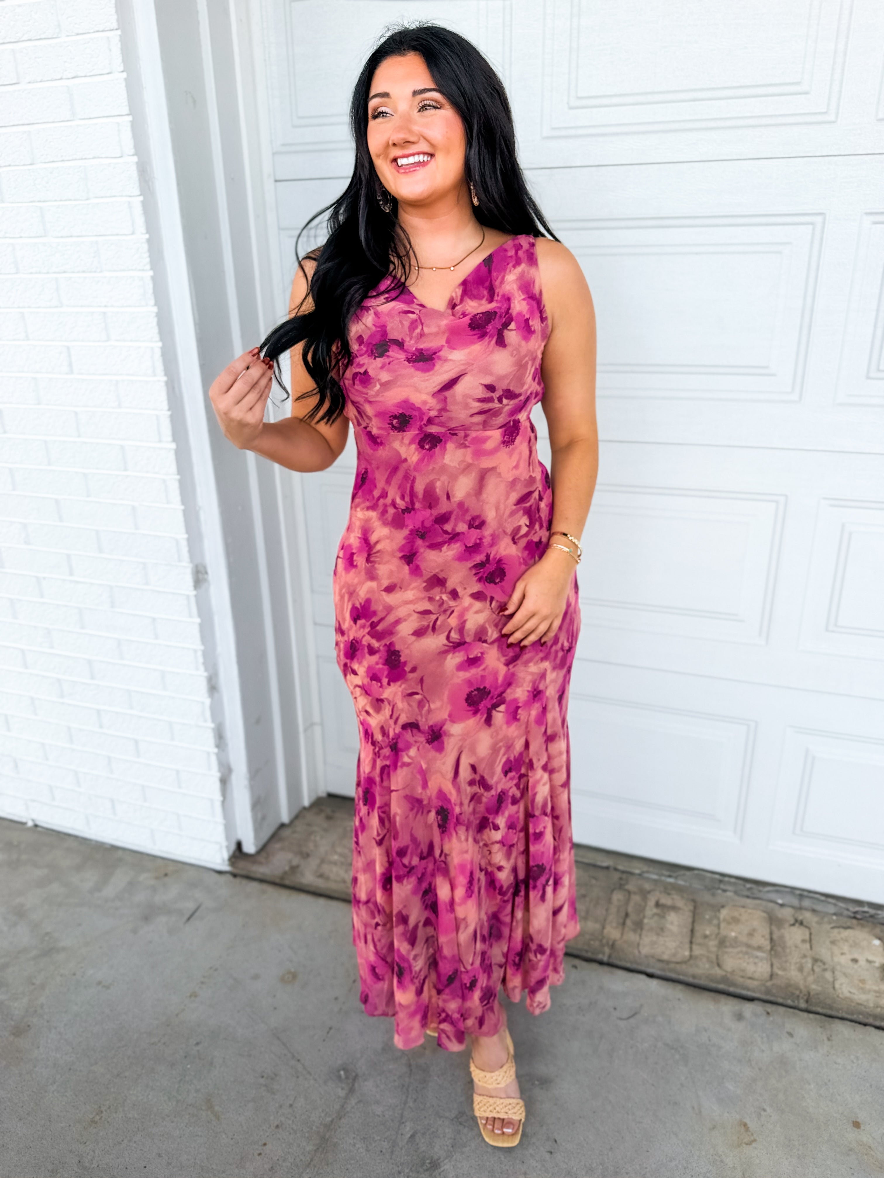 Soft Florals Printed Cowl Neck Maxi Dress - Sangria Bloom - Lace and Grace Boutique