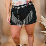 Something Good Rhinestone Fringe Denim Shorts - Black