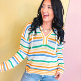 Drawstring Hooded V-Neck Sweater - Orange Multi - Lace and Grace Boutique