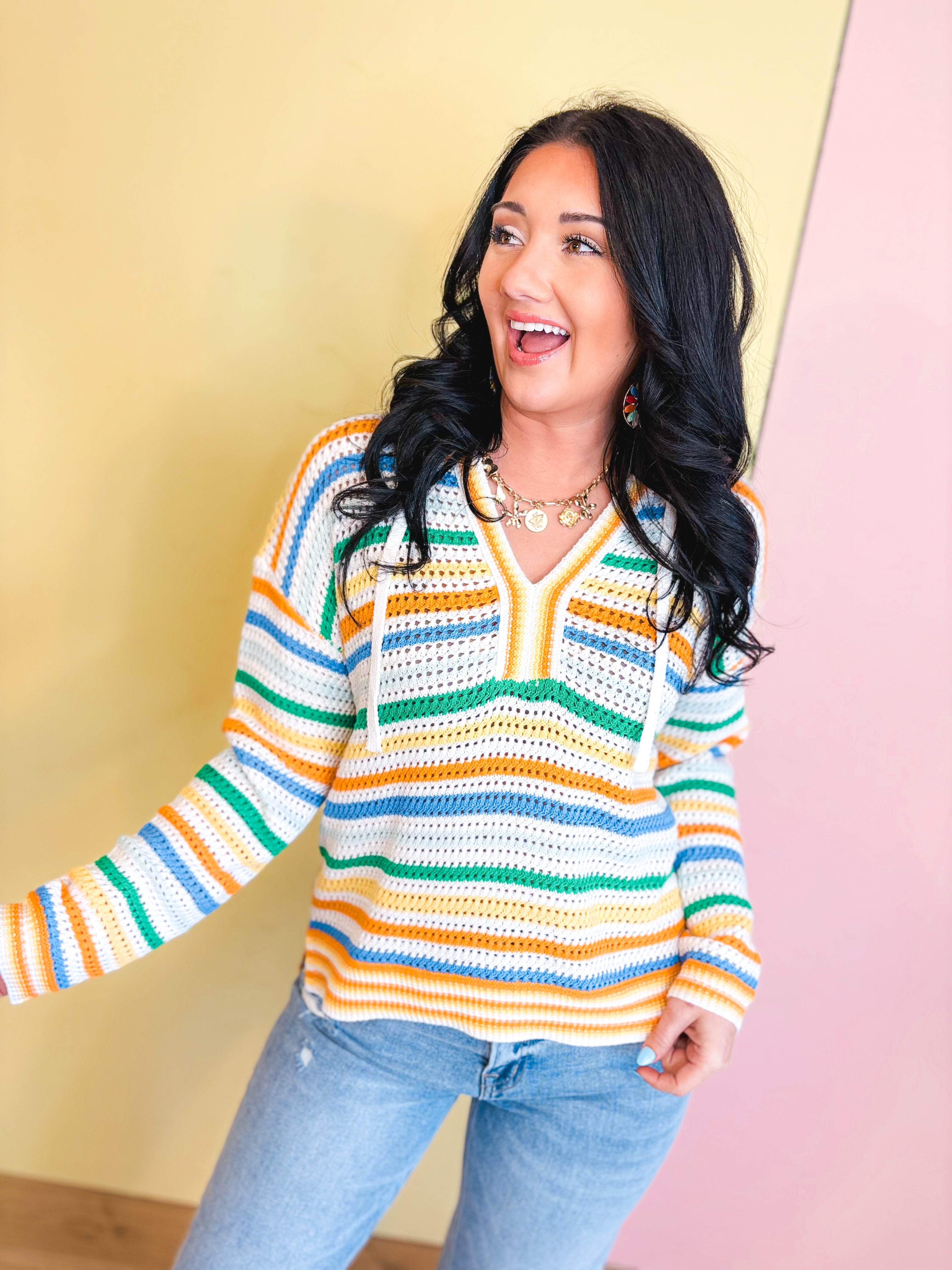 Drawstring Hooded V-Neck Sweater - Orange Multi - Lace and Grace Boutique