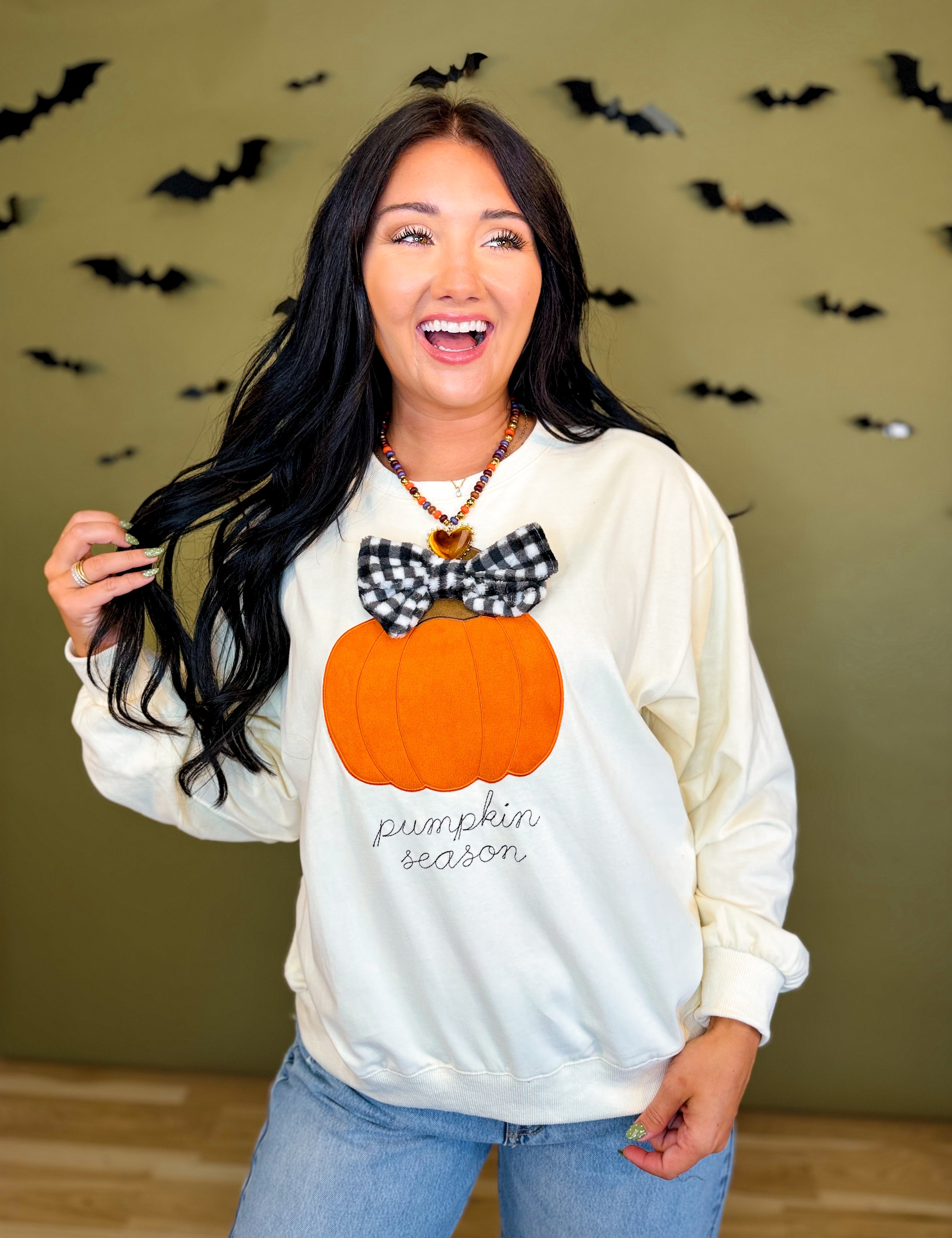 Pumpkin Season Gingham Bow Sweatshirt - Cream - Lace and Grace Boutique