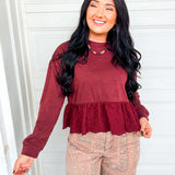 Eyelet Lace Hem Peplum Knit Top - Burgundy