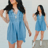 Nashville Nights Pleated Denim Romper - Light Wash