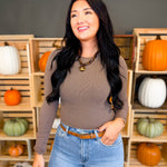 Basic Ribbed Crewneck Long Sleeve Top - Dark Brown - Lace and Grace Boutique