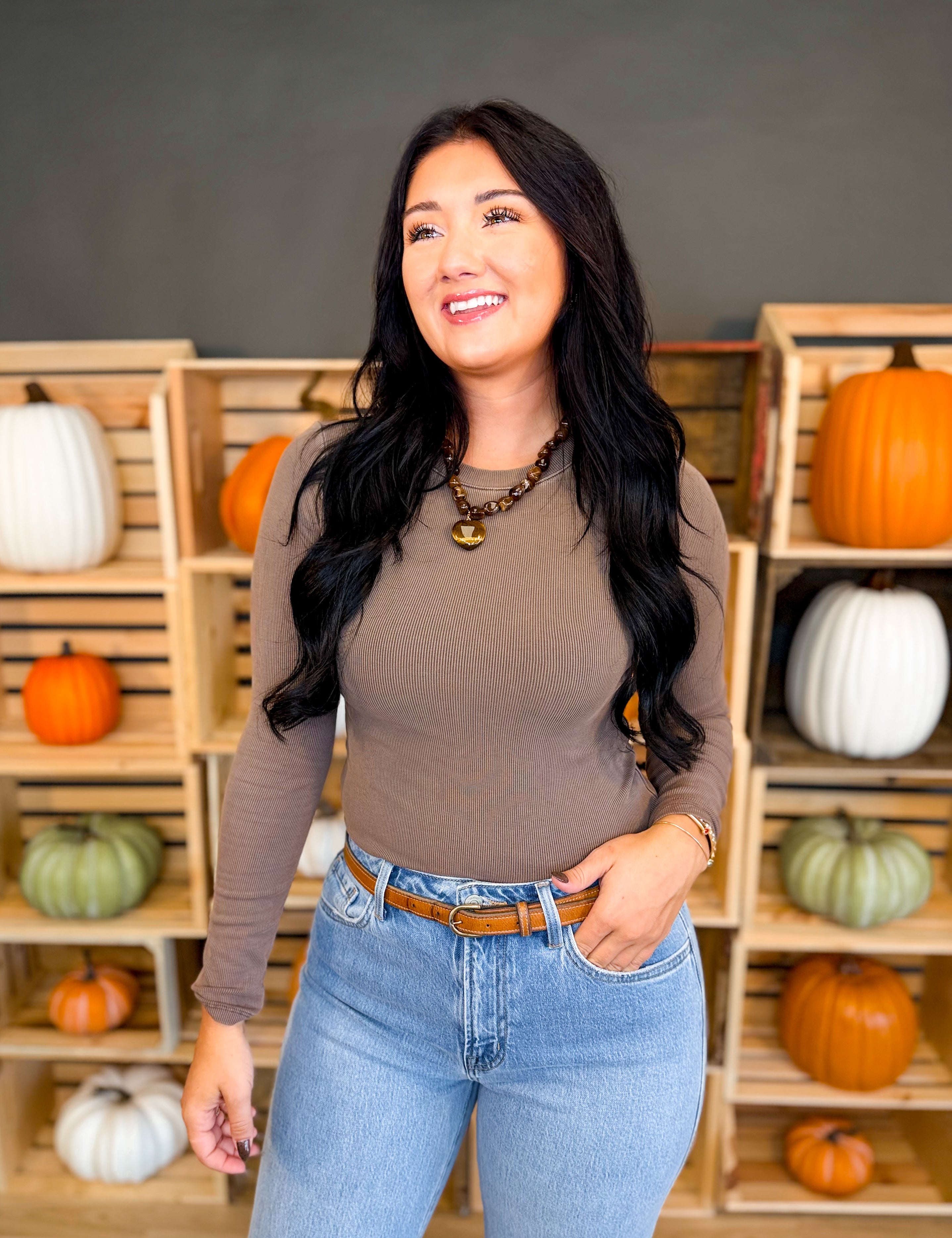 Basic Ribbed Crewneck Long Sleeve Top - Dark Brown - Lace and Grace Boutique