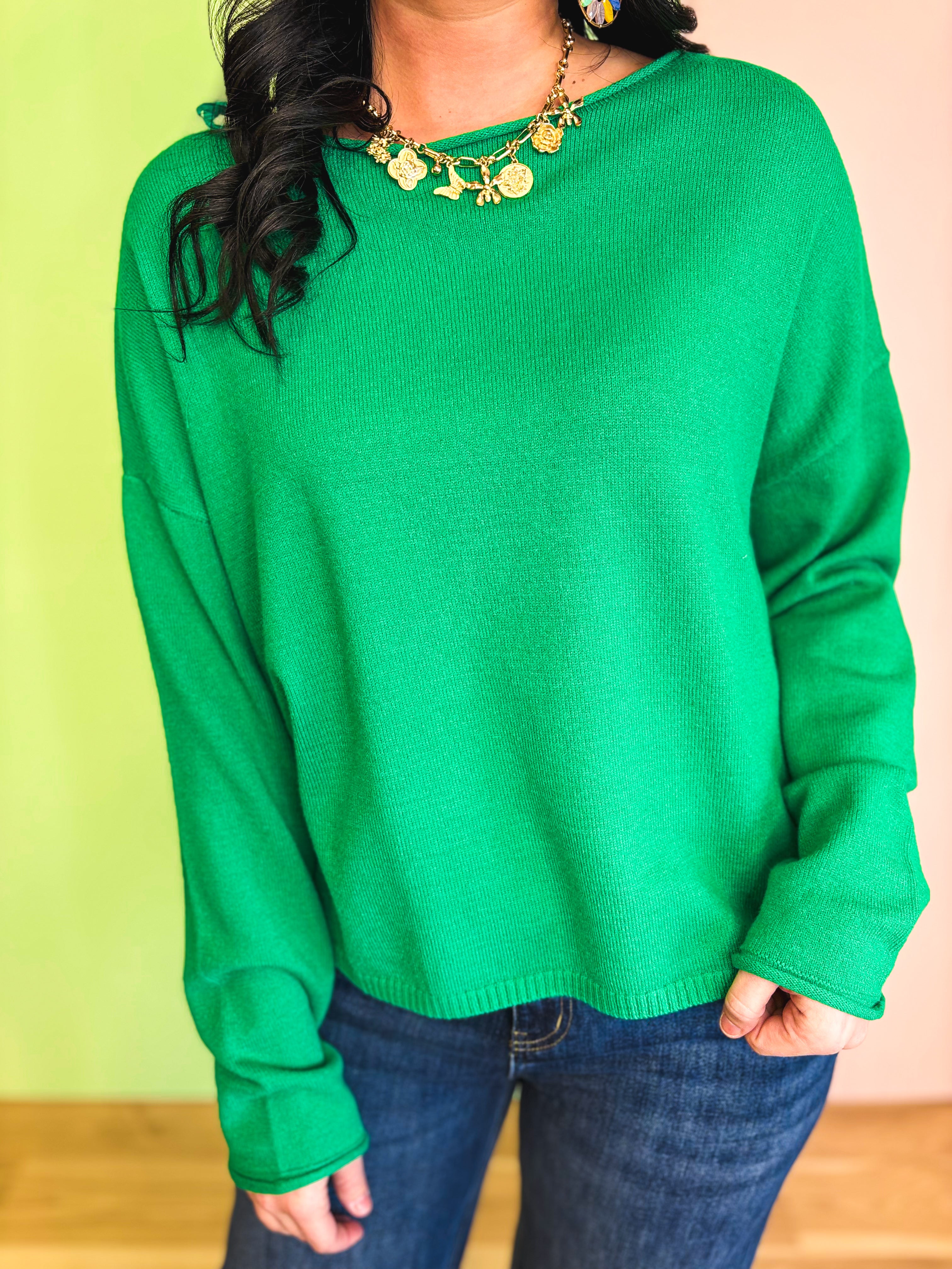 Lightweight Boat Neck Sweater - Green - Lace and Grace Boutique
