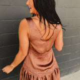 Satin Slip Lace Trim Babydoll Mini Dress - Mocha