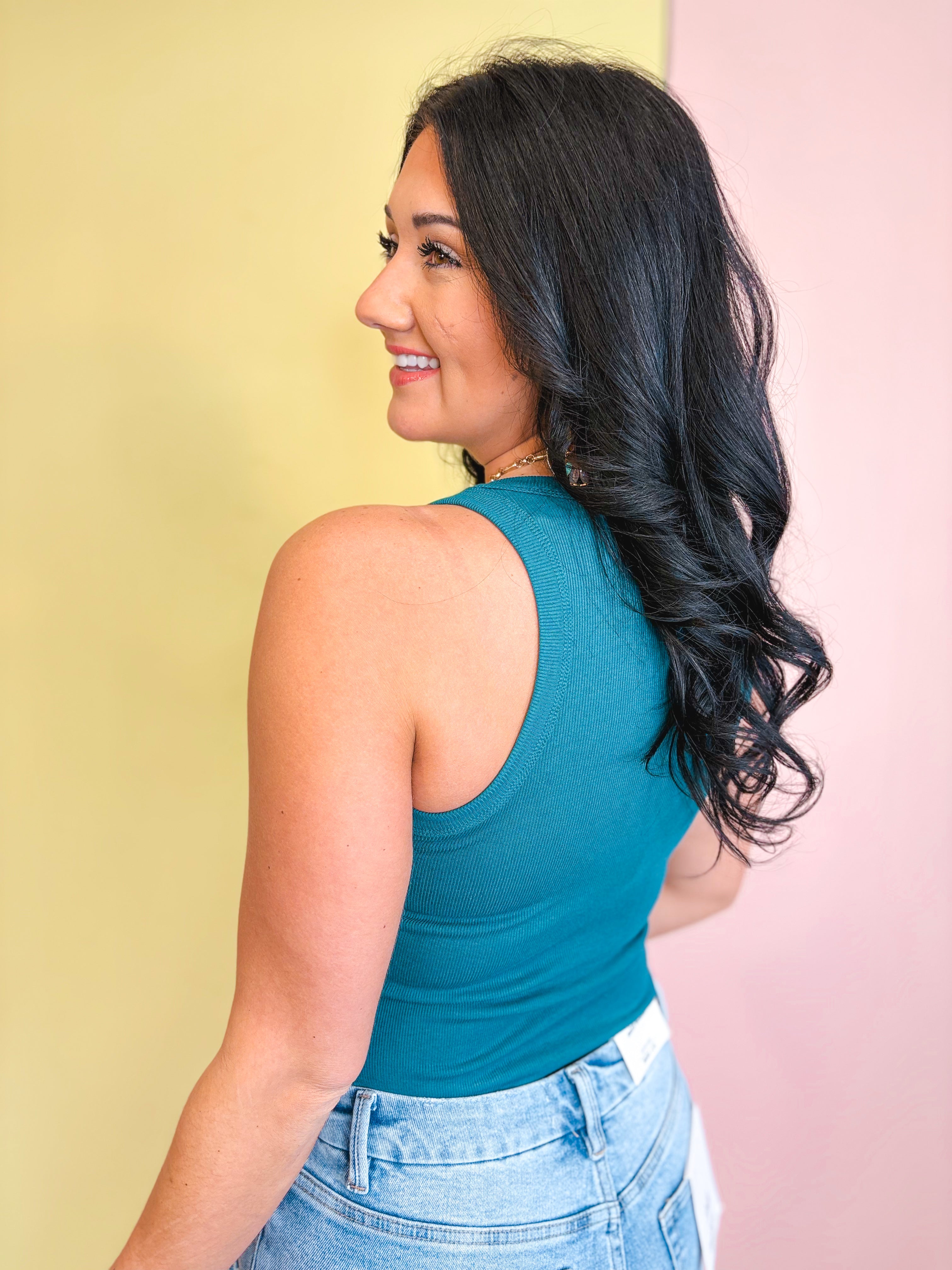 Crewneck Ribbed Tank Top - Teal - Lace and Grace Boutique