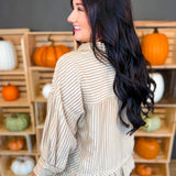 Striped Button Up Ruffle Hem Top - Taupe - Lace and Grace Boutique