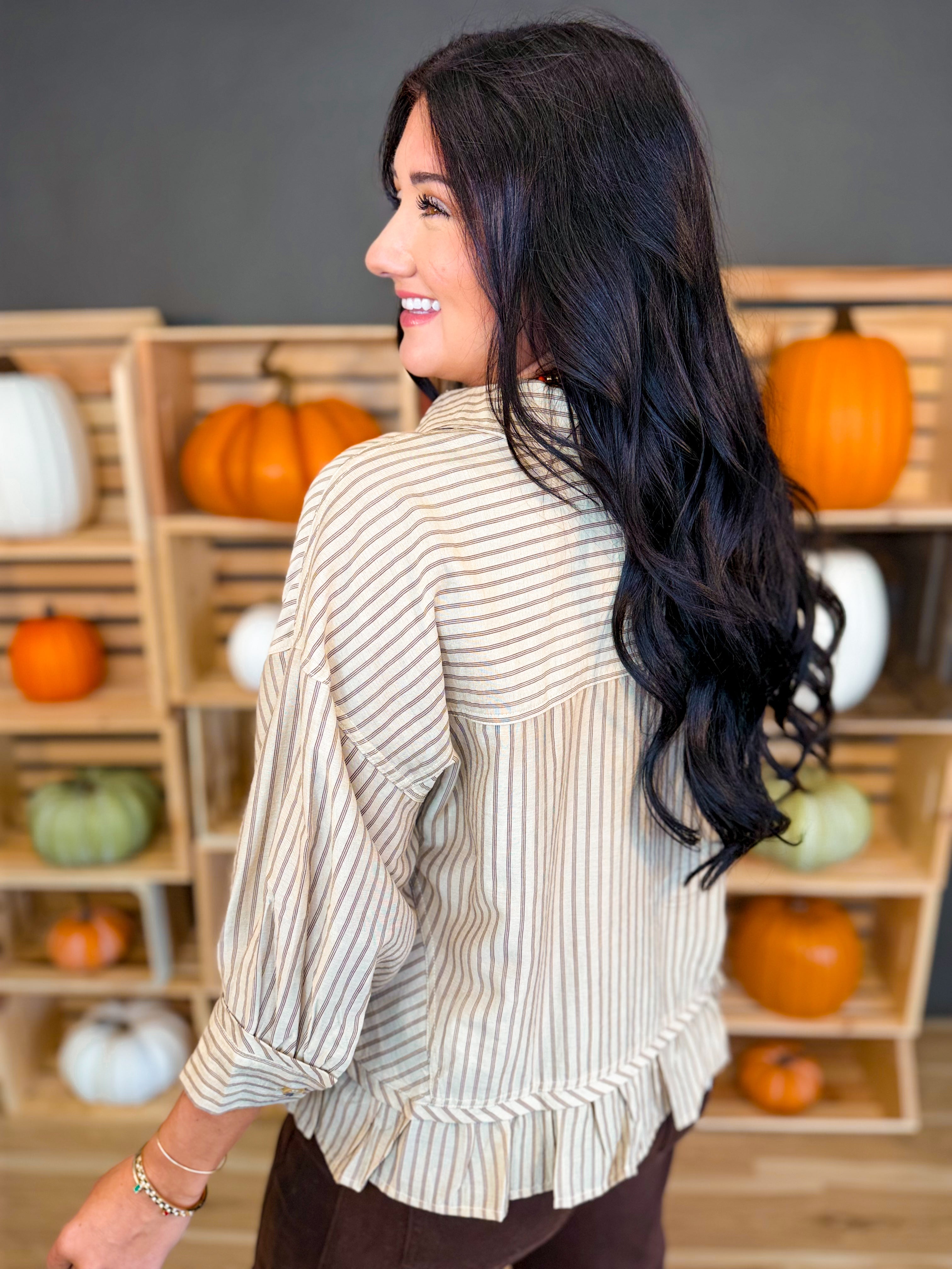 Striped Button Up Ruffle Hem Top - Taupe - Lace and Grace Boutique