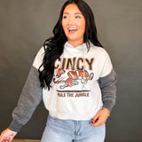 Cincy Rule The Jungle Color Block Crop Hoodie - Grey Multi
