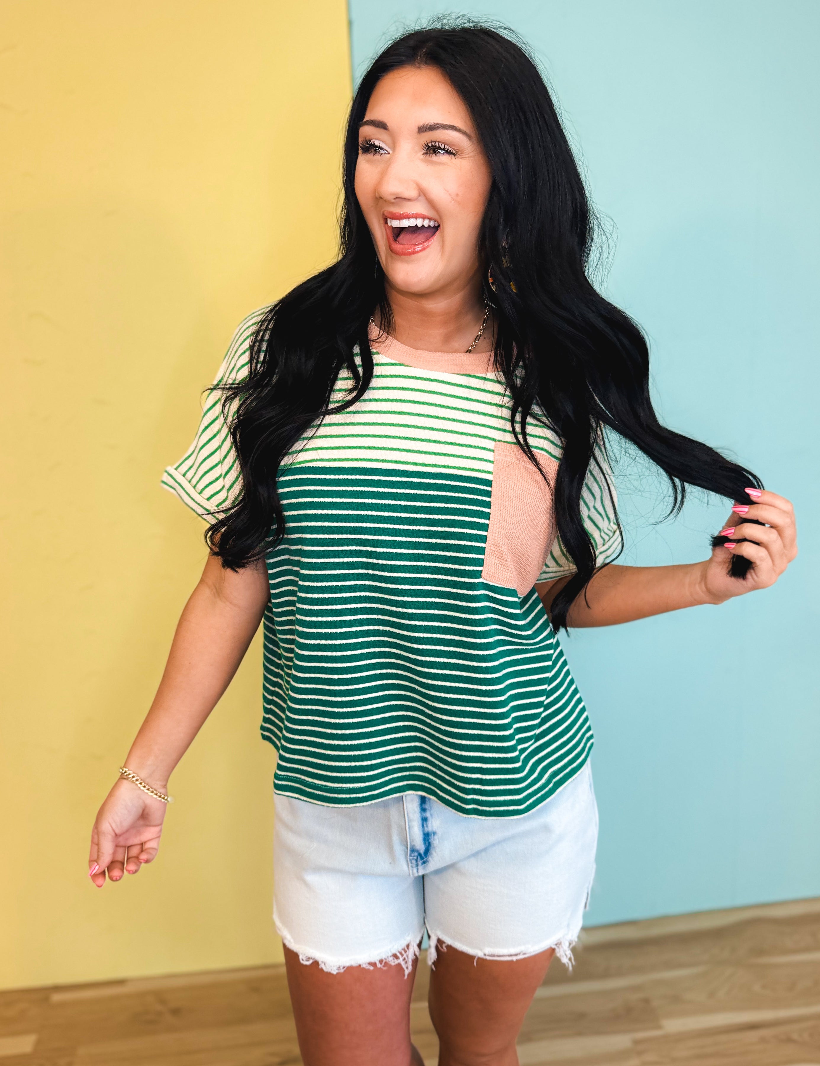 Color Block Striped Top - Peacock Green Combo - Lace and Grace Boutique