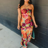Strapless Bias Cut Satin Maxi Dress - Parisian Floral - Lace and Grace Boutique