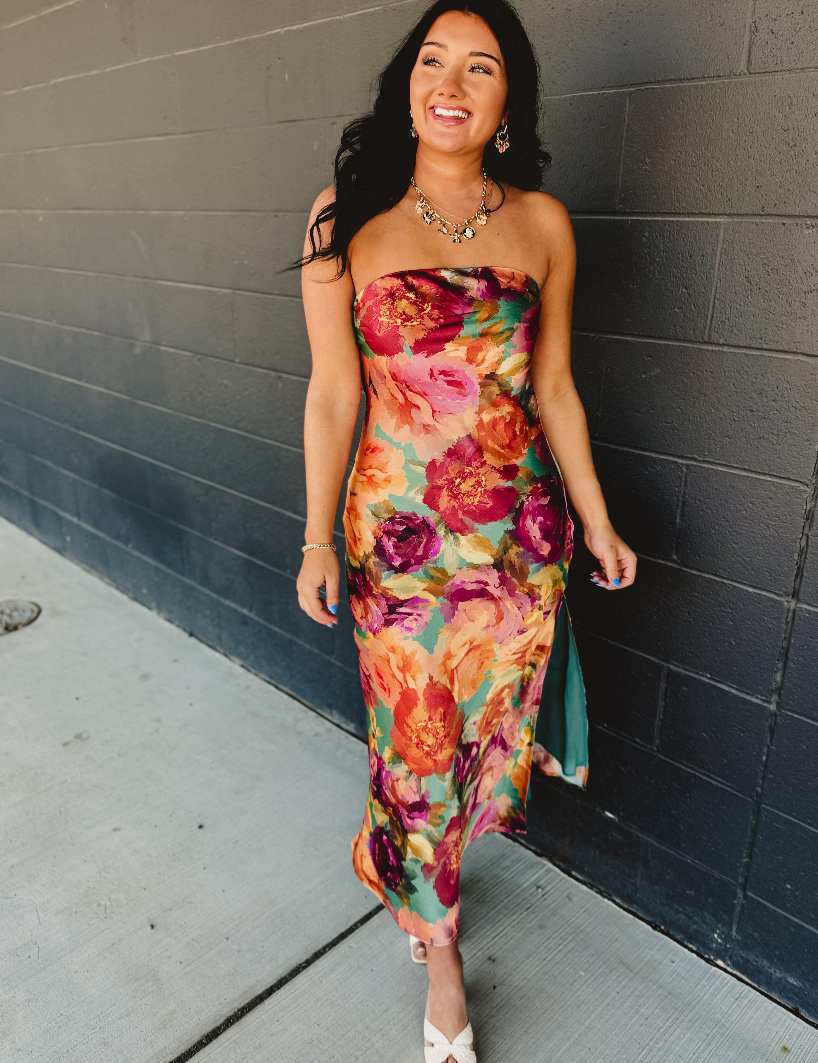 Strapless Bias Cut Satin Maxi Dress - Parisian Floral - Lace and Grace Boutique