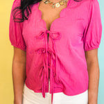 Scalloped Neck Tie Front Blouse - Pink - Lace and Grace Boutique