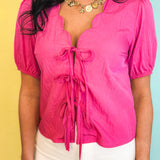 Scalloped Neck Tie Front Blouse - Pink - Lace and Grace Boutique